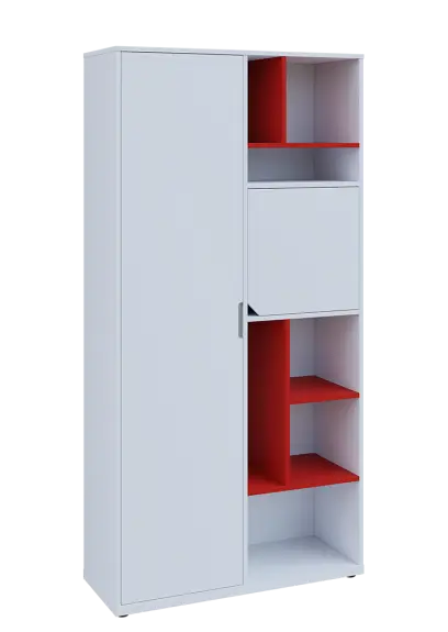 KSR6-83 L skříň šatní, 1x výsuvné ramínko, dvířka, niky, 2053x1022x400 mm, provedení levé, korpus a dvířka bílá sněžná/police červená